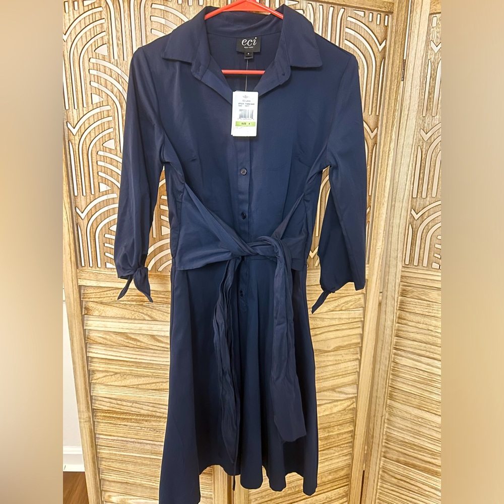 Navy dress with front tie and collar